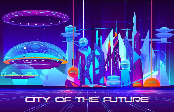 未来科技科幻霓虹灯渐变绚丽城市建筑夜景灯光插画AI/PSD设计素材100套【090】